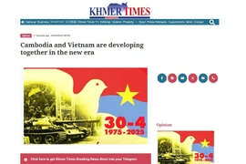 The article titled “Cambodia and Vietnam are developing together in the new era” published on Khmer Times on April 23 (Screenshot photo)