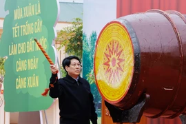 After beating a drum to kick off the tree-planting festival, State President Luong Cuong joins delegates, representatives of political and social organisations, and local residents in planting trees at a hill in Chi Lang district’s Chien Thang commune. (Photo: VNA)