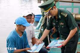 Distributing documents on anti-IUU fishing to fishermen. (Photo: VNA)