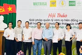 Representatives from companies receive certificates of trademark rights at the launch of the "Green and Low-Emission Vietnam Rice" trademark. (Photo: nld.com.vn)