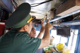 A border guard officer in Gia Lai inspects the vessel monitoring system before allowing a fishing boat to depart. (Photo: VNA)