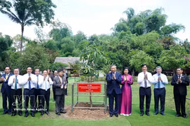 Party General Secretary and State President To Lam (fifth, left) and his spouse (fourth, left) plant a commemorative tree at the Ho Chi Minh Memorial Site in Udon Thani province on May 27. (Photo: VNA)