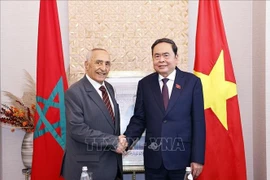 NA Chairman Tran Thanh Man (L) receives Mustapha El Ktiri, President of the Morocco–Vietnam Friendship Association (MVFA), in Rabat on the morning of July 26 (local time) (Photo: VNA)