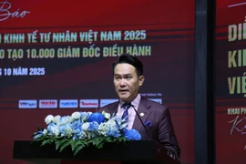 Dang Hong Anh, Chairman of the VYEA and head of VPSF 2025, speaks at the conference announcing the summary report of Vietnam Private Sector Forum 2025 and the programme to train 10,000 chief executive officers (CEOs) from 2025 to 2030 on October 8 in Hanoi. (Photo: VNA)