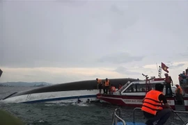 Rescue forces approach the sunken vessel to carry out search and rescue operations. (Photo: VNA)