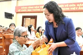 Vice President Vo Thi Anh Xuan presents a Tet gift, and extends New Year greetings to Heroic Vietnamese Mother Tran Thi Thi in An Giang province. (Photo: VNA)