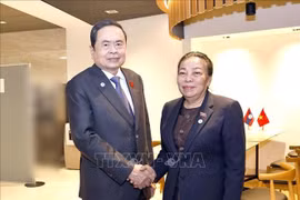 NA Chairman Tran Thanh Man (L) receives Vice President of the Lao NA Sounthone Xayachack on July 30. (Photo: VNA)