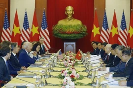 The high-level talks between Party General Secretary Nguyen Phu Trong (fourth, right) and US President Joe Biden (fourth, left) in Hanoi on September 10, 2023 brought about many good outcomes, reflected by the issuance of a joint statement on elevating Vietnam-US relations to a Comprehensive Strategic Partnership for Peace, Cooperation, and Sustainable Development. (Photo: VNA)