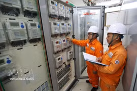 Inspecting the electrical switching system before maintenance at the 110kV WHA Industrial Park substation, Trung Loc commune, Nghe An province. (Photo: VNA)