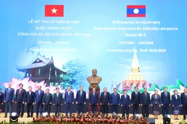 Leaders and former senior leaders of the Lao Party and State pose for a group photo with Vietnamese Ambassador to Laos Nguyen Minh Tam at the event. (Photo: VNA)