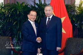 General Secretary of the Communist Party of Vietnam Central Committee and State President To Lam (R) meets with Speaker of the Parliament of Singapore Seah Kian Peng. (Photo: VNA)