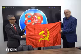 Vietnamese Ambassador to Israel Ly Duc Trung (L) presents a Party flag of Vietnam to Issam Makhoul, Politburo member of the Communist Party of Israel (CPI) and Head of the Democratic Front for Peace and Equality (Hadash), at their meeting on August 14. (Photo: VNA)