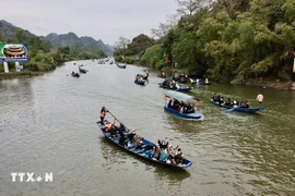 Yen Stream is bustling with boats carrying visitors to celebrate the Huong Pagoda Festival. (Photo: VNA)