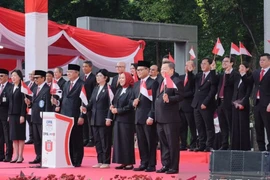 Bank Indonesia Governor Perry Warjiyo and central bank officials during the 80th Independence Day ceremony in Jakarta on August 17. (Photo: Antara)