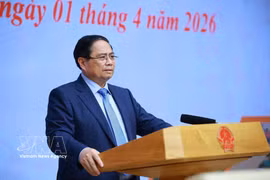 Prime Minister Pham Minh Chinh speaks at the meeting on disaster response in Hanoi on April 1 (Photo: VNA)