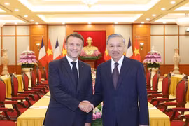 Party General Secretary To Lam (R) receives French President Emmanuel Macron in Hanoi on May 26. (Photo: VNA)