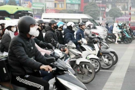 Drivers in Hanoi adhering to traffic light regulations on January 1. (Photo: VNA)