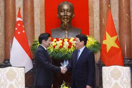 State President Luong Cuong (R) shakes hands with Singaporean Prime Minister Lawrence Wong. (Photo: VNA)