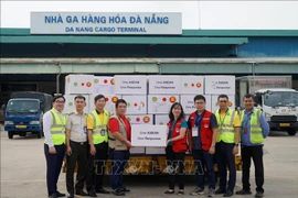 Representatives from the Vietnam Disaster and Dyke Management Authority receive emergency aid from the ASEAN Coordinating Centre for Humanitarian Assistance on Disaster Management (AHA Centre) on November 11. (Photo published by VNA)