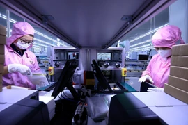 Workers check products before packaging at Toyo Solar Co., Ltd., a 100% Japanese-owned solar panel manufacturer in Cam Khe Industrial Park, Phu Tho province. (Photo: VNA)