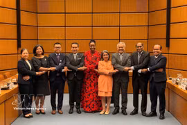 Ambassadors and Chargé d'affaires from eight ASEAN member countries and Monica Juma, Executive Director of the United Nations Office on Drugs and Crime (UNODC) pose for a group photo (Photo: VNA)