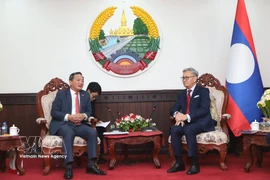 Lao Deputy Prime Minister and Minister of Foreign Affairs Thongsavan Phomvihane (right) and Vietnamese Ambassador to Laos Nguyen Minh Tam at their meeting on March 23 (Photo: VNA)