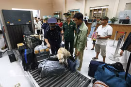 Customs officers use sniffer dogs to inspect the luggage of passengers entering Vietnam through the Nam Can International Border Gate in Nghe An province. (Photo: VNA)