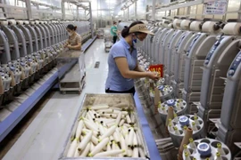 Workers at a yarn production line. (Photo: VNA/VNS)