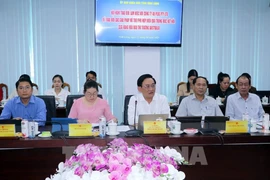 Tran Quoc Tuan, Director of the Department of Industry and Trade of Vinh Long province (C) speaks at the working session. (Photo: VNA)