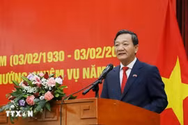 Vietnamese Ambassador to Laos Nguyen Minh Tam speaks at the ceremony to mark the 95th founding anniversary of the Communist Party of Vietnam. (Photo: VNA)