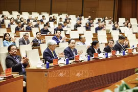 Politburo member, Secretary of the NA Party Committee and NA Chairman Tran Thanh Man (front, centre) and other officials at the briefing on the 14th National Party Congress's outcomes on January 26. (Photo: VNA)