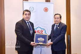Chairman of the Vietnamese National Assembly Tran Thanh Man (R) presents a commemorative gift to Chairman of the Georgian Parliament Shalva Papuashvili during their meeting in Istanbul on April 16, 2026. (Photo: VNA)