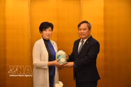 Chairman of the Hanoi People's Committee Vu Dai Thang (right) presents a gift to Governor of Tokyo Koike Yuriko at their meeting on April 28. (Photo: VNA)