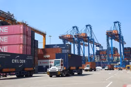 Container trucks operate at Gemalink International Port, part of the Cai Mep Port system in Ho Chi Minh City. (Photo: VNA)