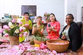 Visitors experience the traditional craft of scenting tea with Quang An lotus flowers. (Photo: VNA)