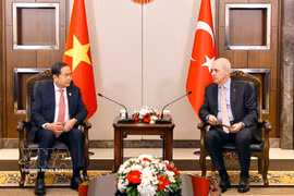 Chairman of the Vietnamese National Assembly Chairman Tran Thanh Man (left) meets with Speaker of the Grand National Assembly of Türkiye Numan Kurtulmus in Istanbul on April 17. (Photo: VNA)