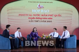 Representatives from Phu Quoc city and agencies at the press conference to announce the fisrt Phu Quoc fish sauce festival. (Photo: VNA)
