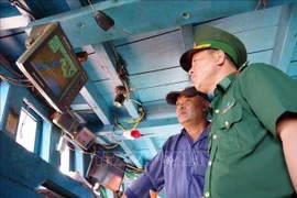 An officer of Phuoc Tinh Border Guard Station checks the vessel monitoring system on a local fishing boat. (Photo: VNA)