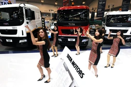 Trucks produced by India's carmaker Tata Motors are displayed at the Gaikindo Indonesia International Auto Show (GIIAS) in Tangerang, Banten, on August 21, 2015. (Antara Photo/Audy Alwi)