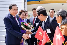 National Assembly Chairman Tran Thanh Man, his spouse Nguyen Thi Thanh Nga, and a high-ranking Vietnamese delegation are welcomed at Geneva international airport, Switzerland on July 27 afternoon (local time). (Photo: VNA)