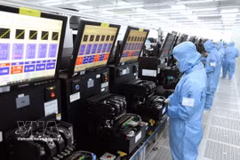 Workers on a production line manufacturing camera modules and electronic components for export at a factory of MCNEX VINA Co., Ltd.. of the Republic of Korea in Phuc Son Industrial Park, Ninh Binh province. (Photo: VNA)