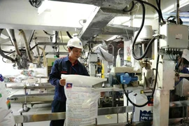 A worker operates modern automated lines to package nitrogen fertiliser. (Photo: VNA)