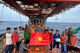 Ho Chi Minh City's maritime law enforcement staff distribute a national flag and raise anti-IUU awareness among fishermen (Photo: VNA)