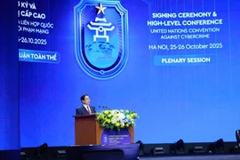 Prime Minister Pham Minh Chinh speaks at the October 25 high-level discussion held within the framework of the Signing Ceremony and High-Level Conference of the United Nations Convention against Cybercrime. (Photo: VNA)