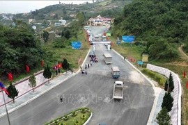Lorries from Vietnam exit the country via the Song Lap International Border Gate (Vietnam) en route to Pa Hang (Laos). (Photo: VNA)