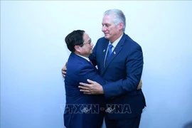 Vietnamese Prime Minister Pham Minh Chinh (L) meets with First Secretary of the Communist Party of Cuba Central Committee and President of Cuba Miguel Díaz Canel in Rio de Janeiro, Brazil, on July 6 (local time) on the sidelines of the expanded BRICS summit. (Photo: VNA)