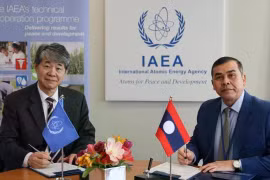 Hua Liu, IAEA Deputy Director General and Head of the Department of Technical Cooperation, and Khampheng Douangthongla, Ambassador and Permanent Representative of Laos to the United Nations in Vienna, sign the Lao Country Programme Framework (CPF) for 2026-2033. (Photo: IAEA)