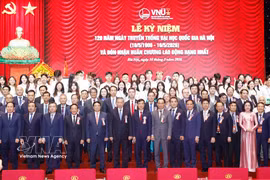 Party General Secretary and State President To Lam and delegates attend the ceremony marking the 120th founding anniversary of VNU-Hanoi on May 16. (Photo: VNA)