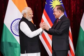 Indian Prime Minister Narendra Modi, left, and Malaysian Prime Minister Anwar Ibrahim hold hands during a news conference in Putrajaya, Malaysia, on February 8, 2026. (Photo: AFP)
