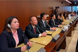 Deputy head of the Vietnamese delegation in Geneva Cung Duc Han (fourth from left) and members of the inter-agency Vietnamese delegation, during the voting on resolutions. (Photo: VNA)